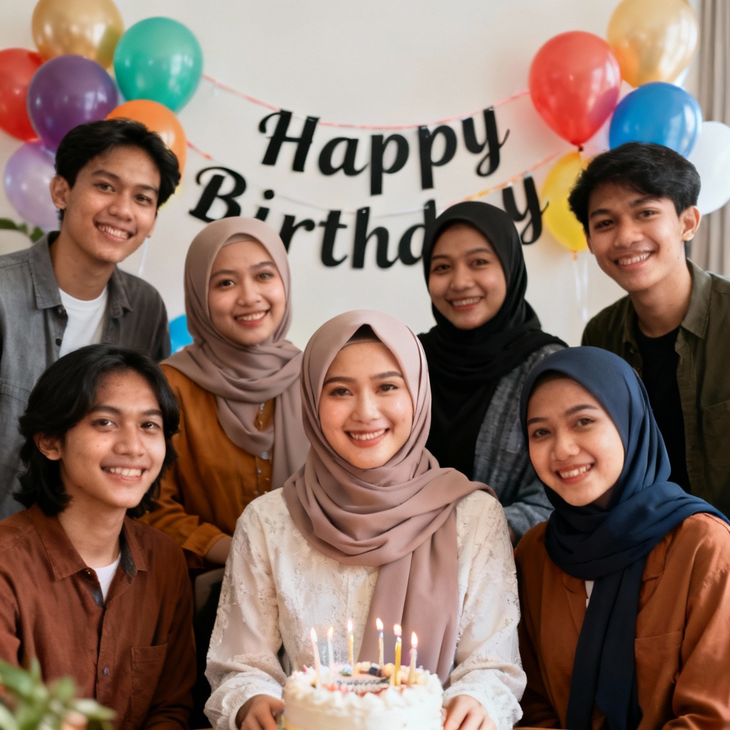 AI Family Hijab Birthday Group Photo