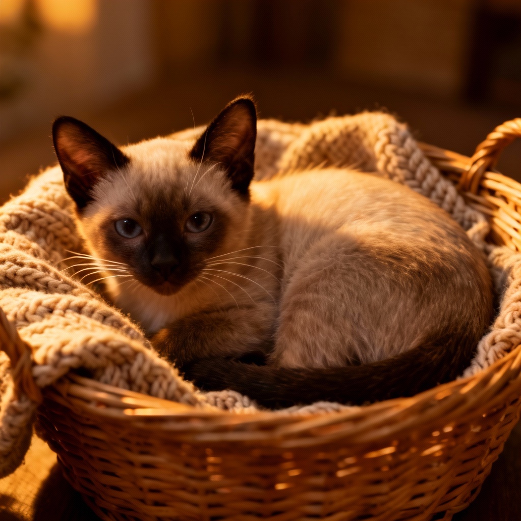 AI Siamese kitten cozy in a basket