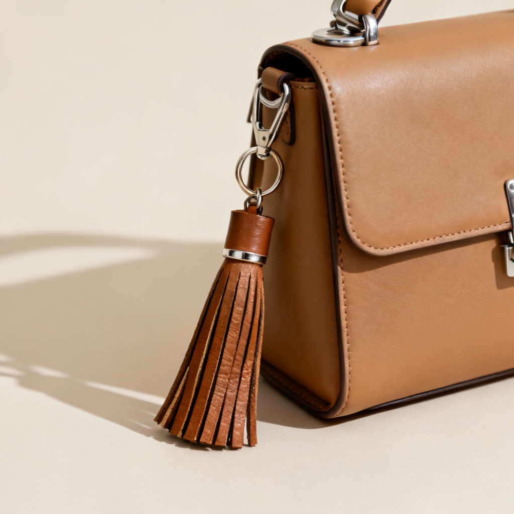 Leather tassel keychain on a tan handbag