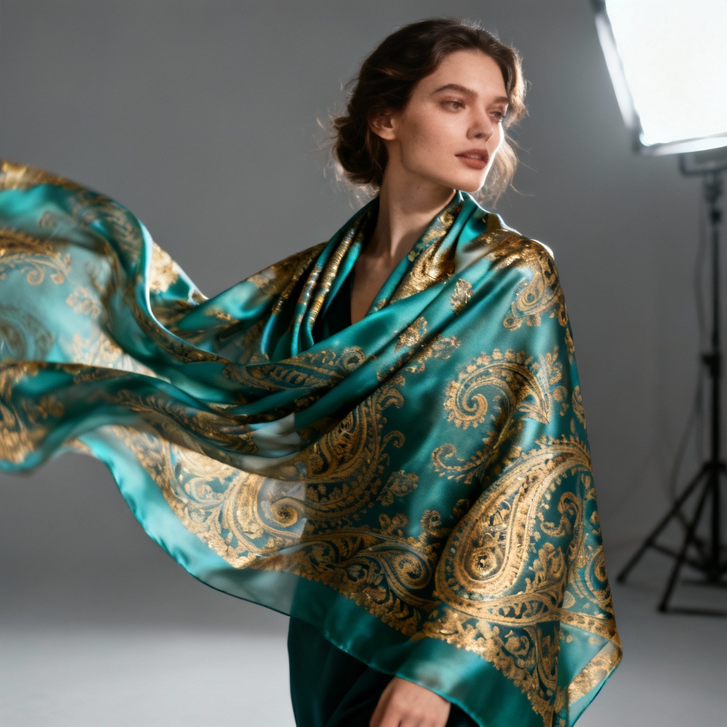 AI-generated silk paisley shawl draped on model in studio