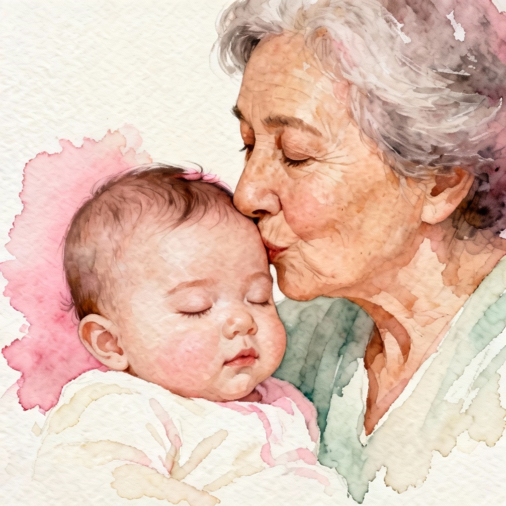 Watercolor painting of a grandmother kissing a baby