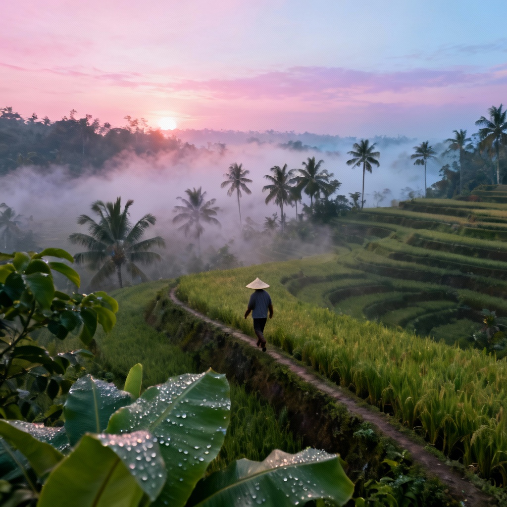 AI Bali rice terraces at dawn with mist and palms