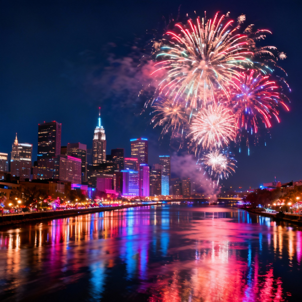 New Year fireworks city skyline background