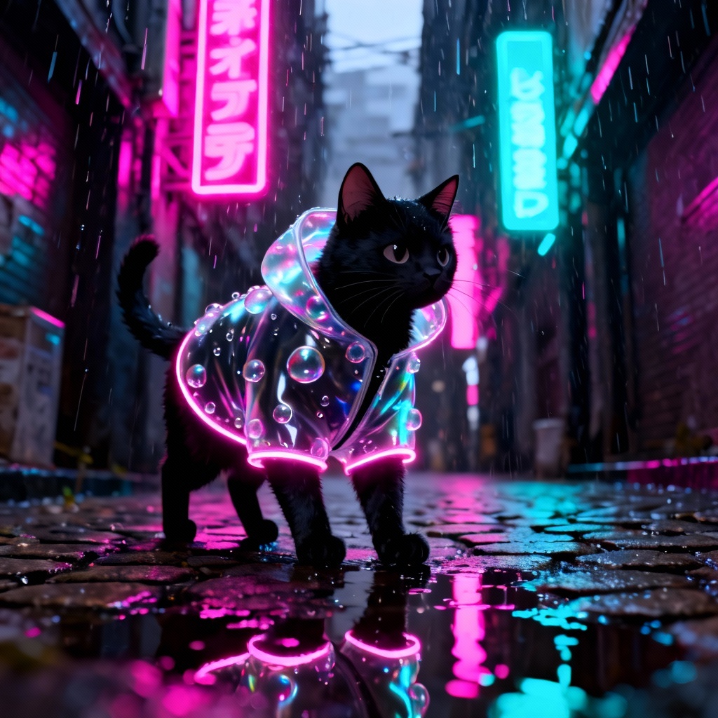 AI cyberpunk cat in reflective bubble jacket