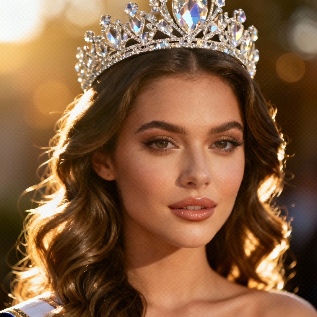 AI Miss World crown portrait at golden hour