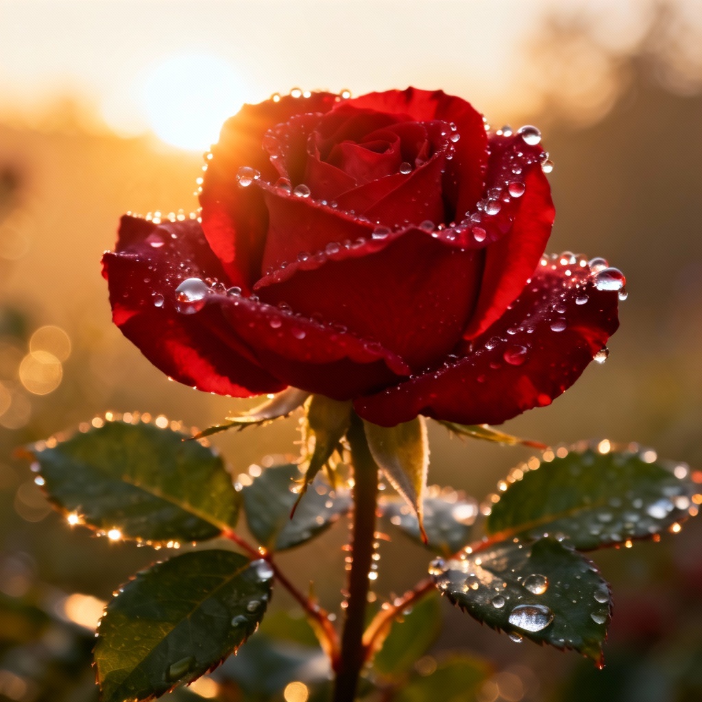 AI-generated red rose macro with dew at sunrise