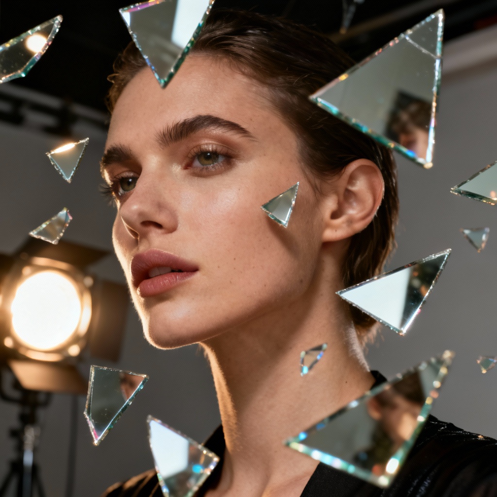 AI mirror reflection effect portrait with glass shards