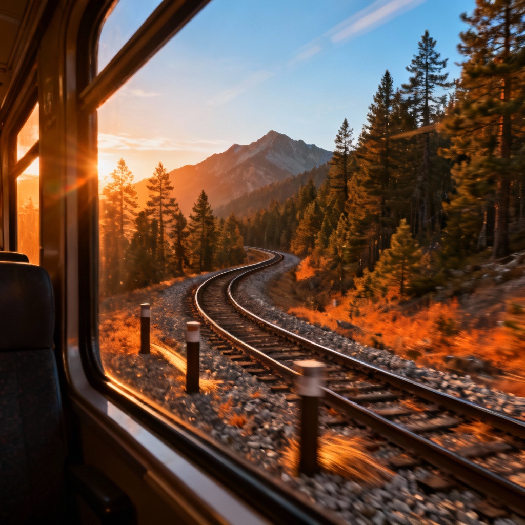 AI-generated train window POV through mountains at sunset