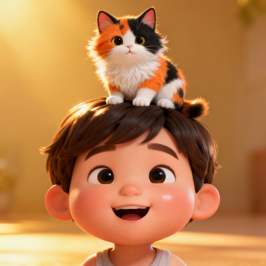 3D toy render with cat on head
