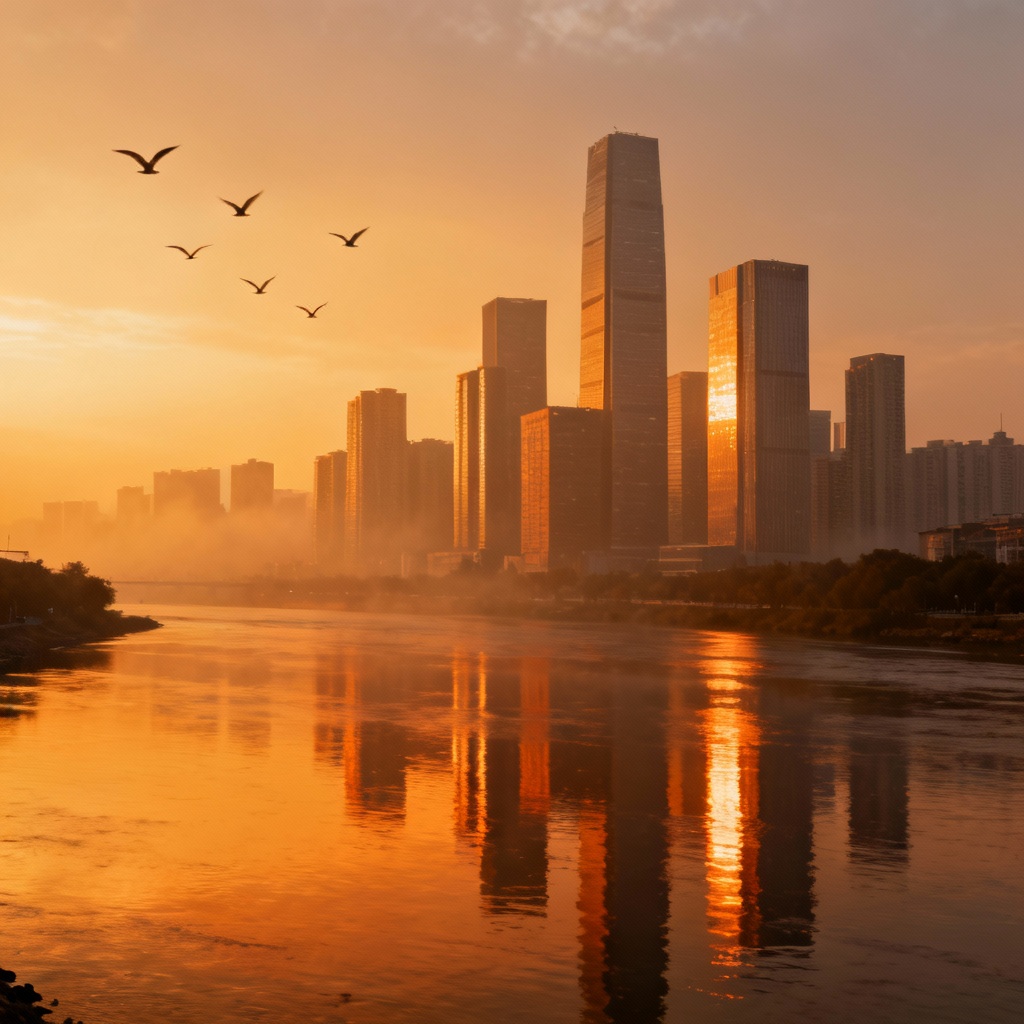 AI modern urban skyline at golden hour by a river