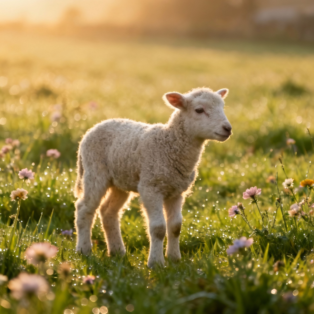 AI photorealistic lamb at sunrise in a meadow