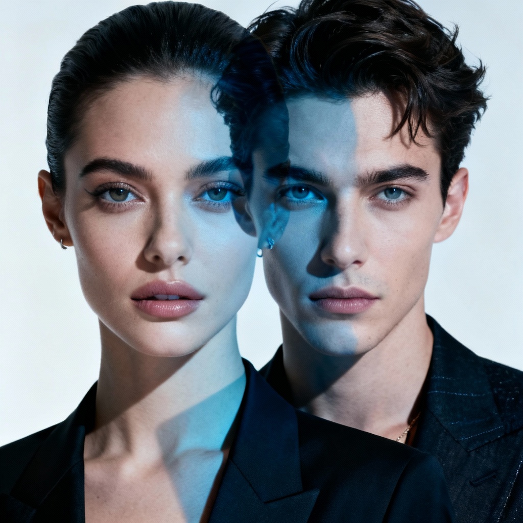 AI face blending for a fashion editorial portrait