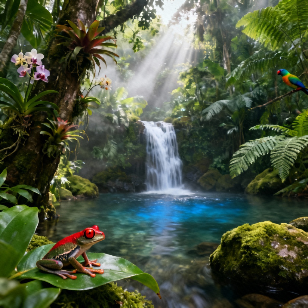 AI rainforest waterfall surrounded by lush tropical plants
