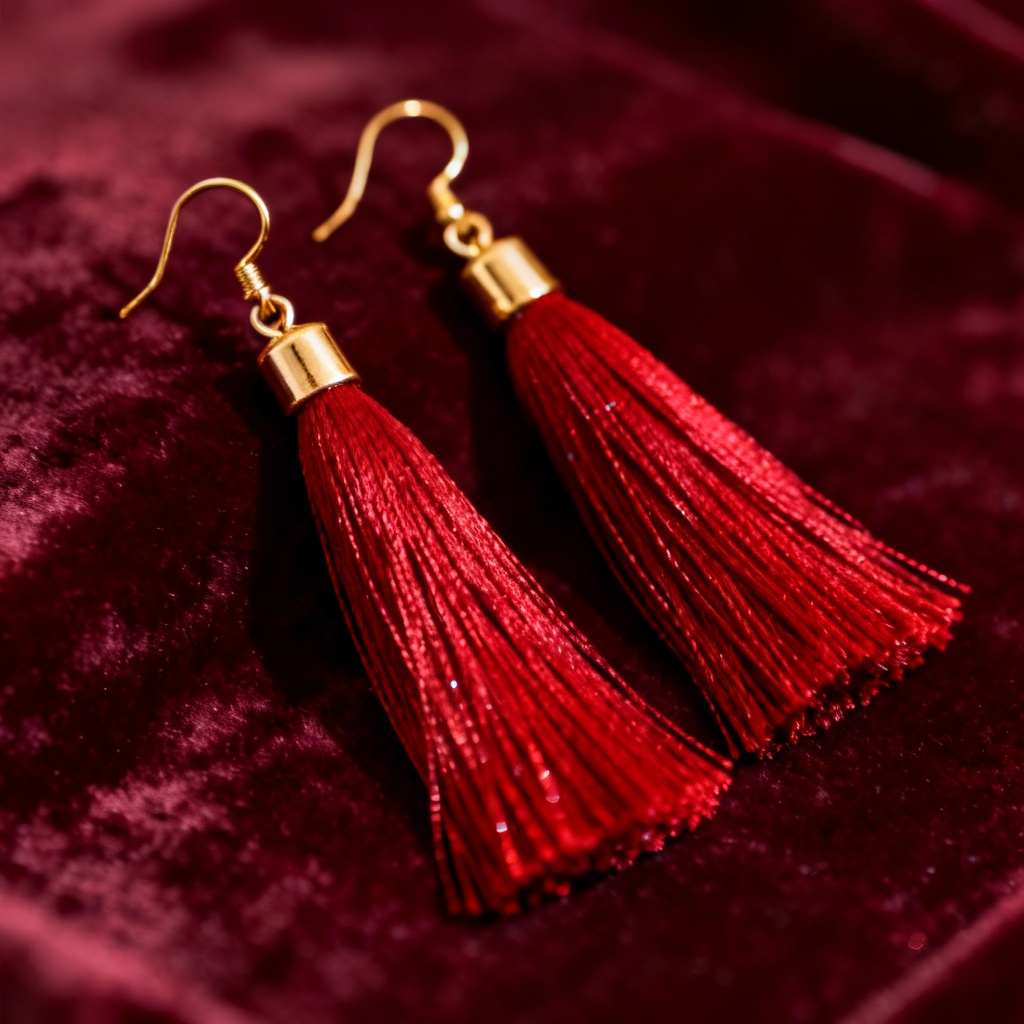 Closeup of red tassel earrings on velvet display