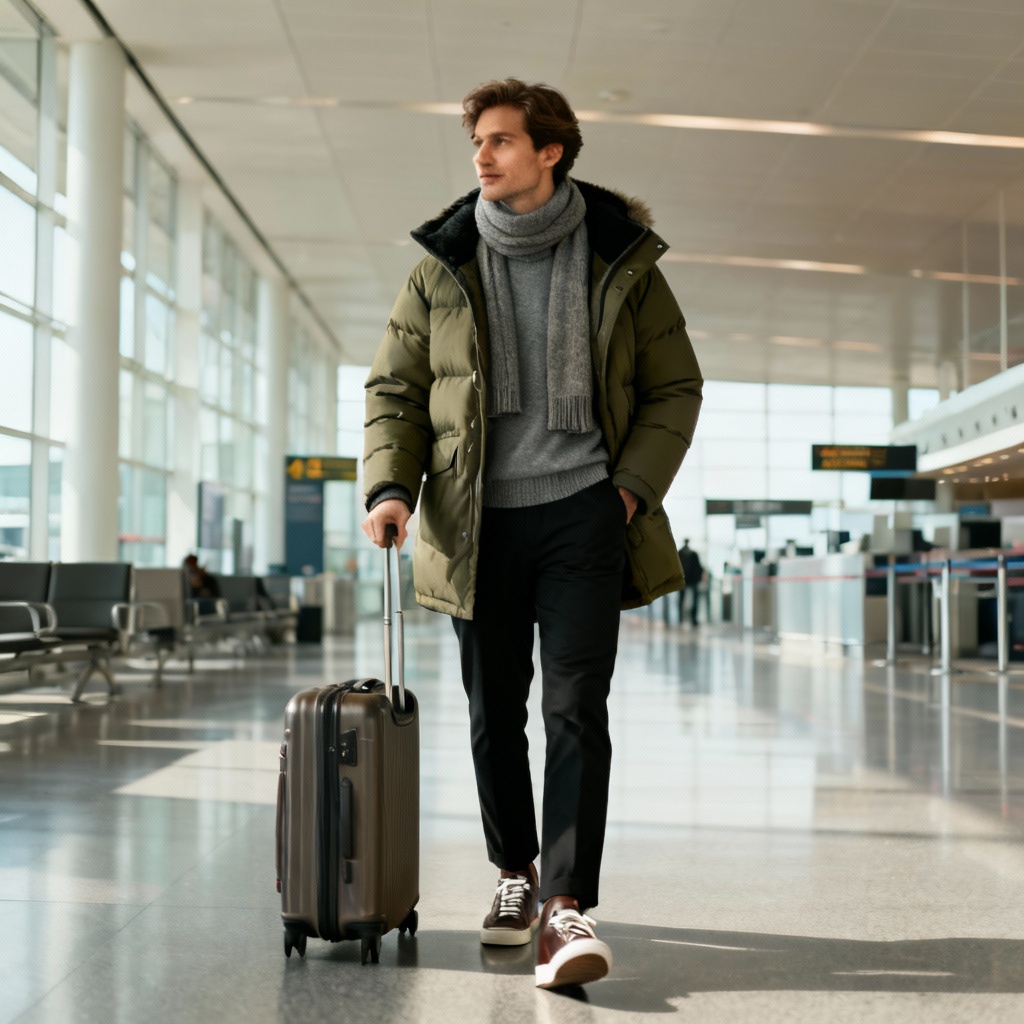AI winter travel outfit with layered parka and scarf