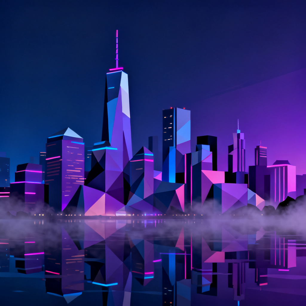 AI low poly neon skyline in 2016 aesthetic