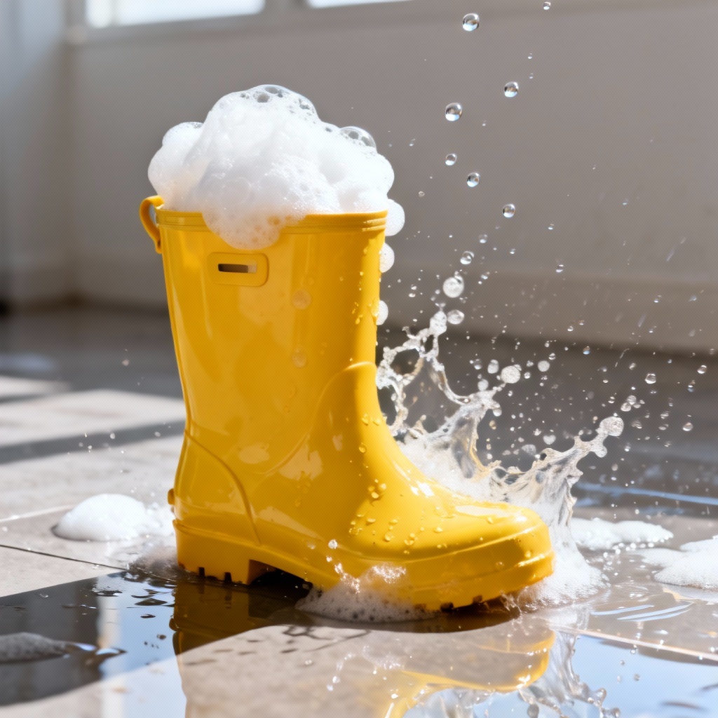 Rain boot with bubbly foam spilling out on a glossy surface