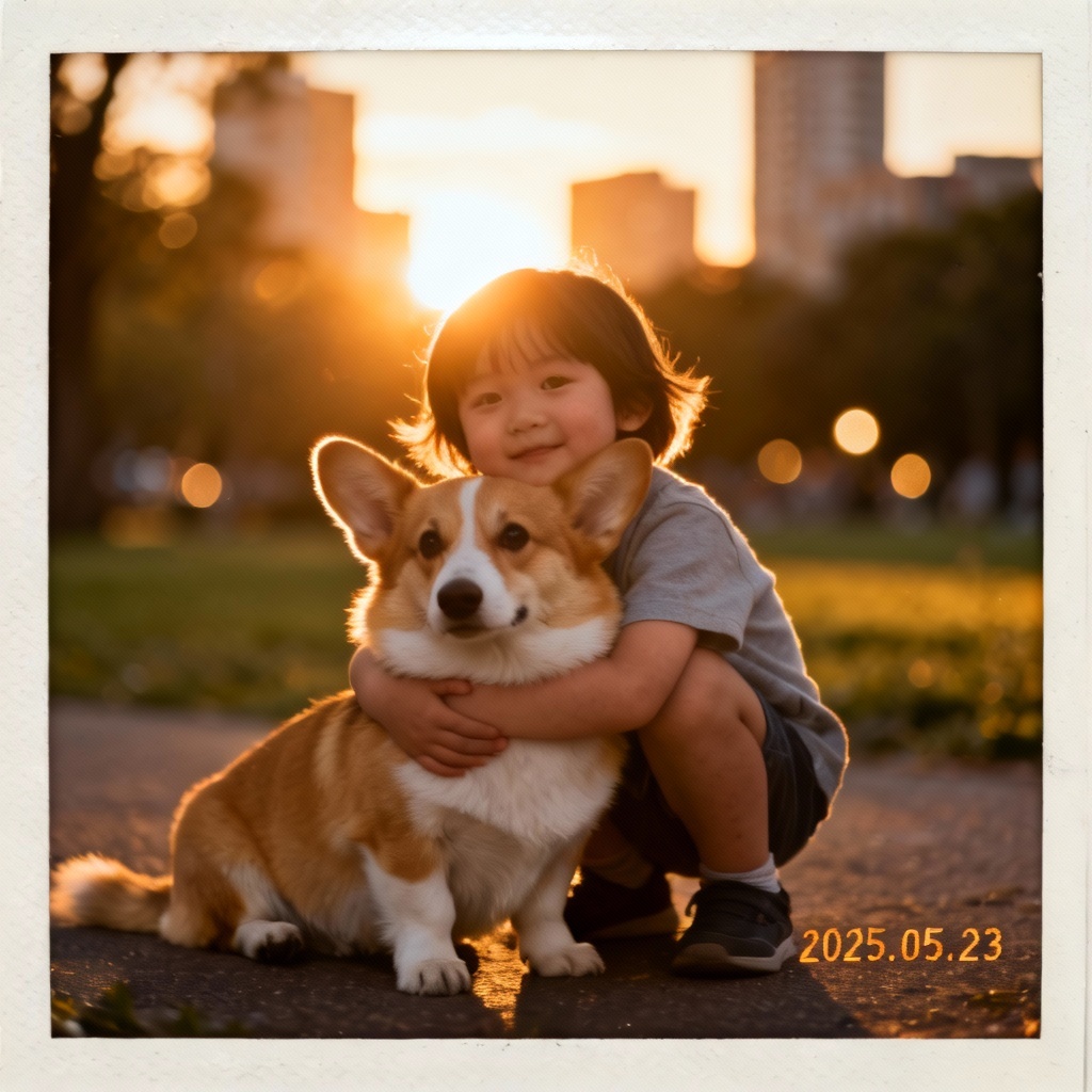 Polaroid of a child hugging a corgi at sunset