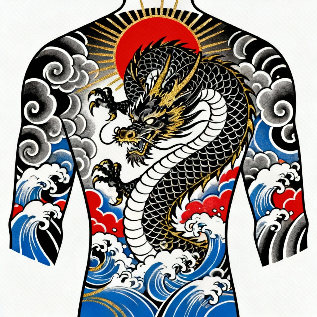 AI Japanese dragon back piece irezumi design