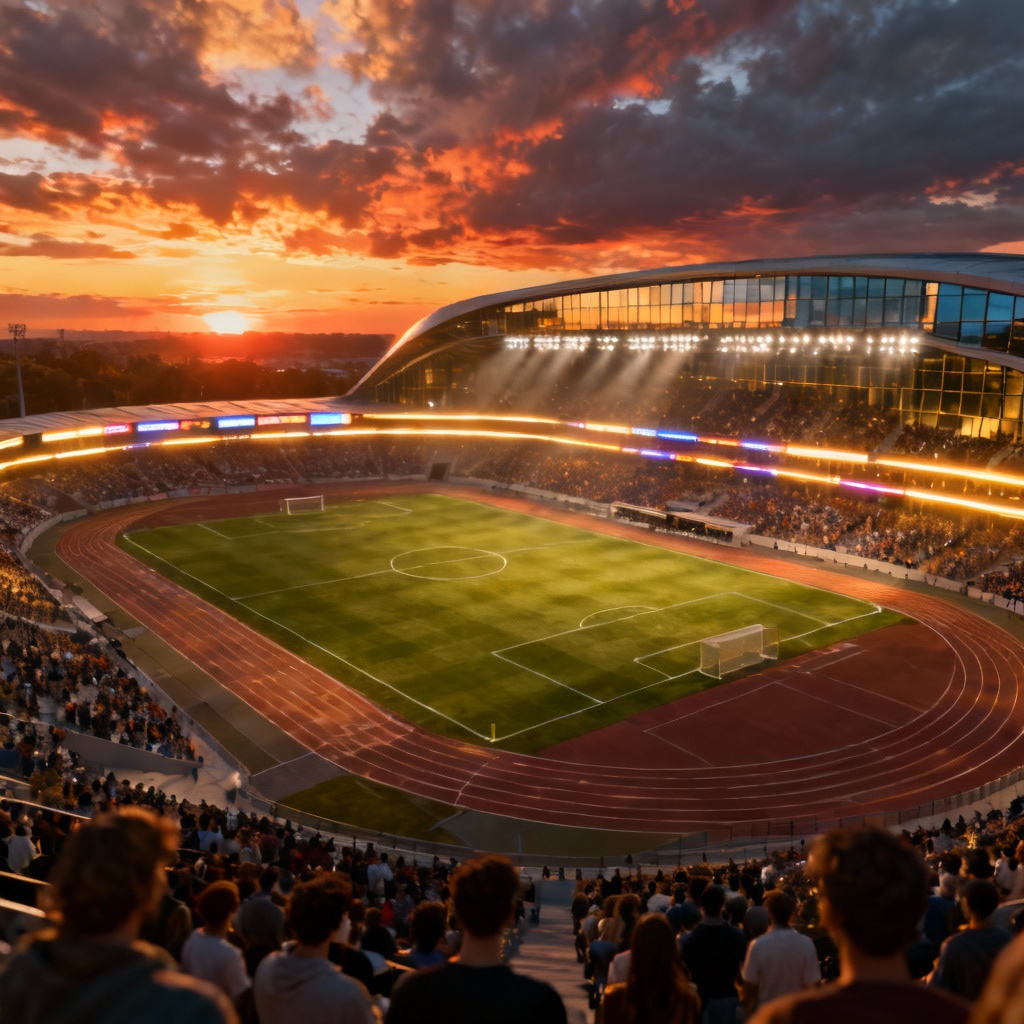 AI photorealistic aerial render of a modern multipurpose stadium at sunset