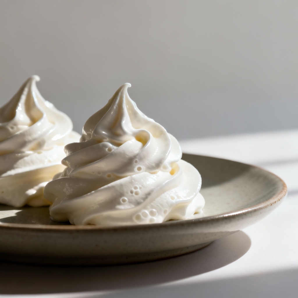 Macro whipped cream swirl with glossy peaks