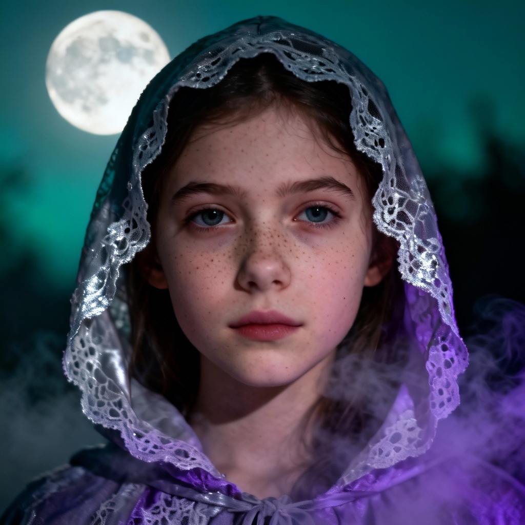 AI mysterious girl under moonlight wearing a lace hood with soft fog