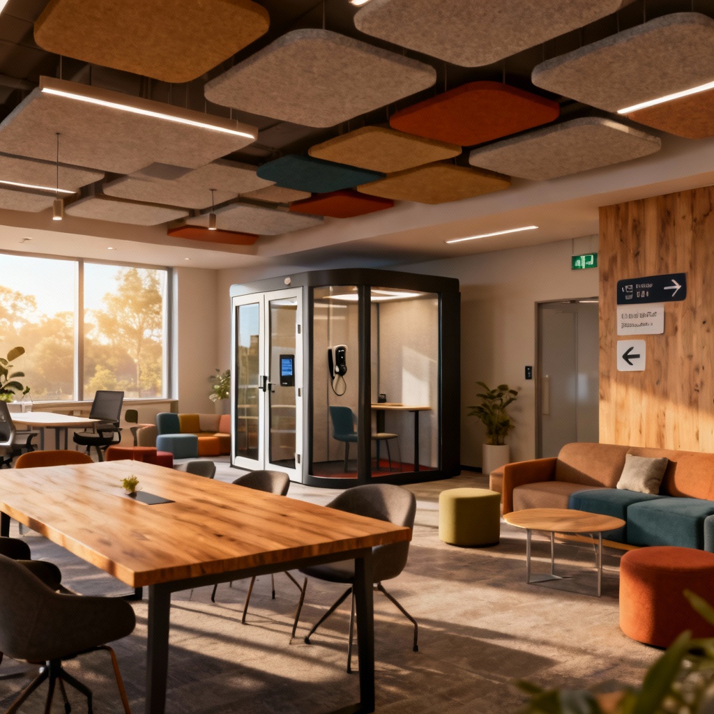 AI coworking space with communal tables and booths