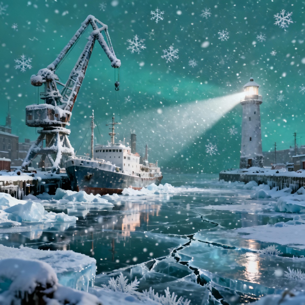 Frozen harbor city with ships trapped in glacier ice