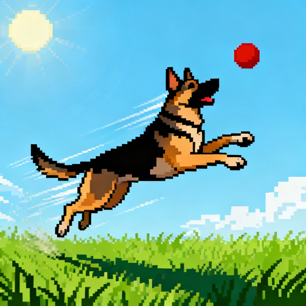 Pixel art german shepherd playing fetch