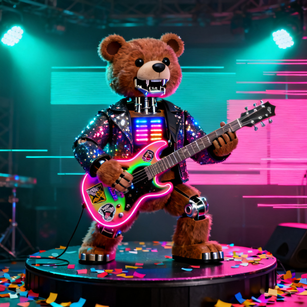 AI FNAF bear OC with glitch effects and guitar