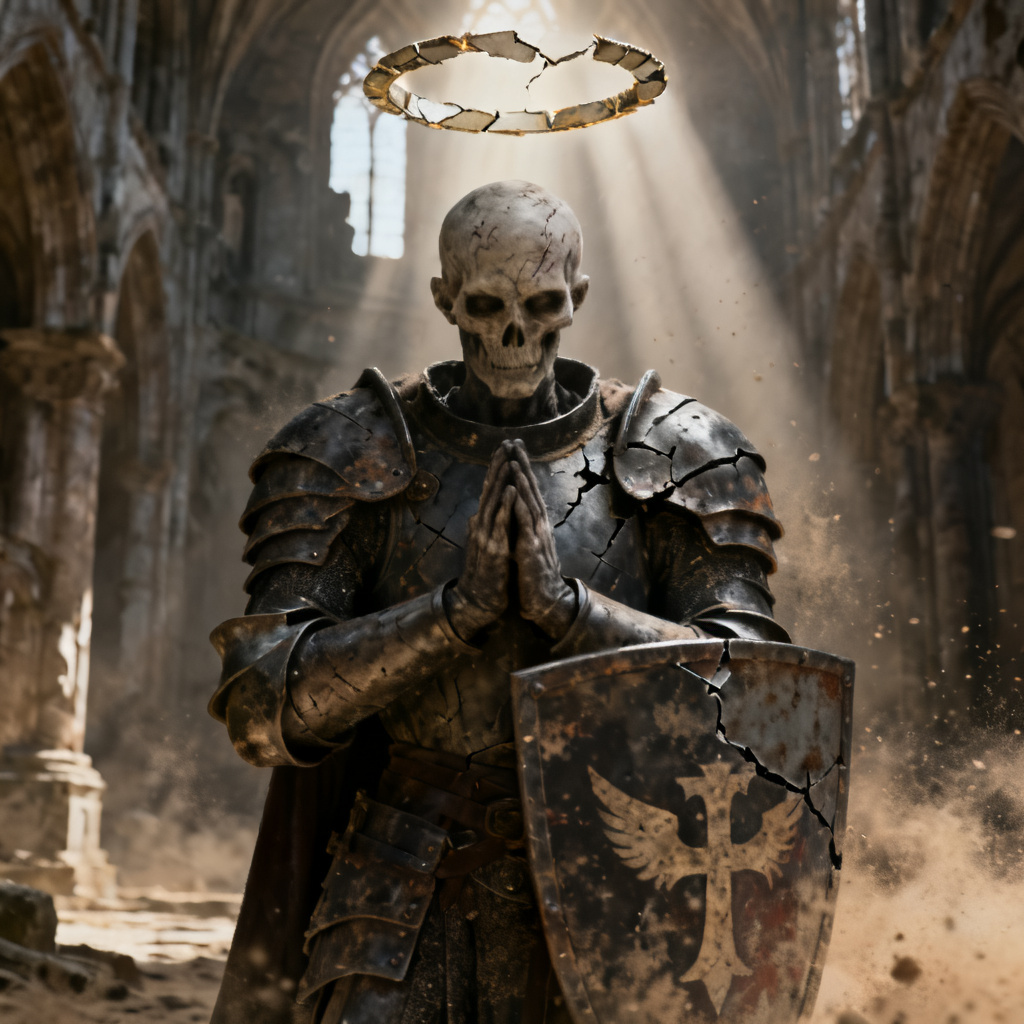 Forsaken OC fallen paladin with cracked halo and tarnished shield