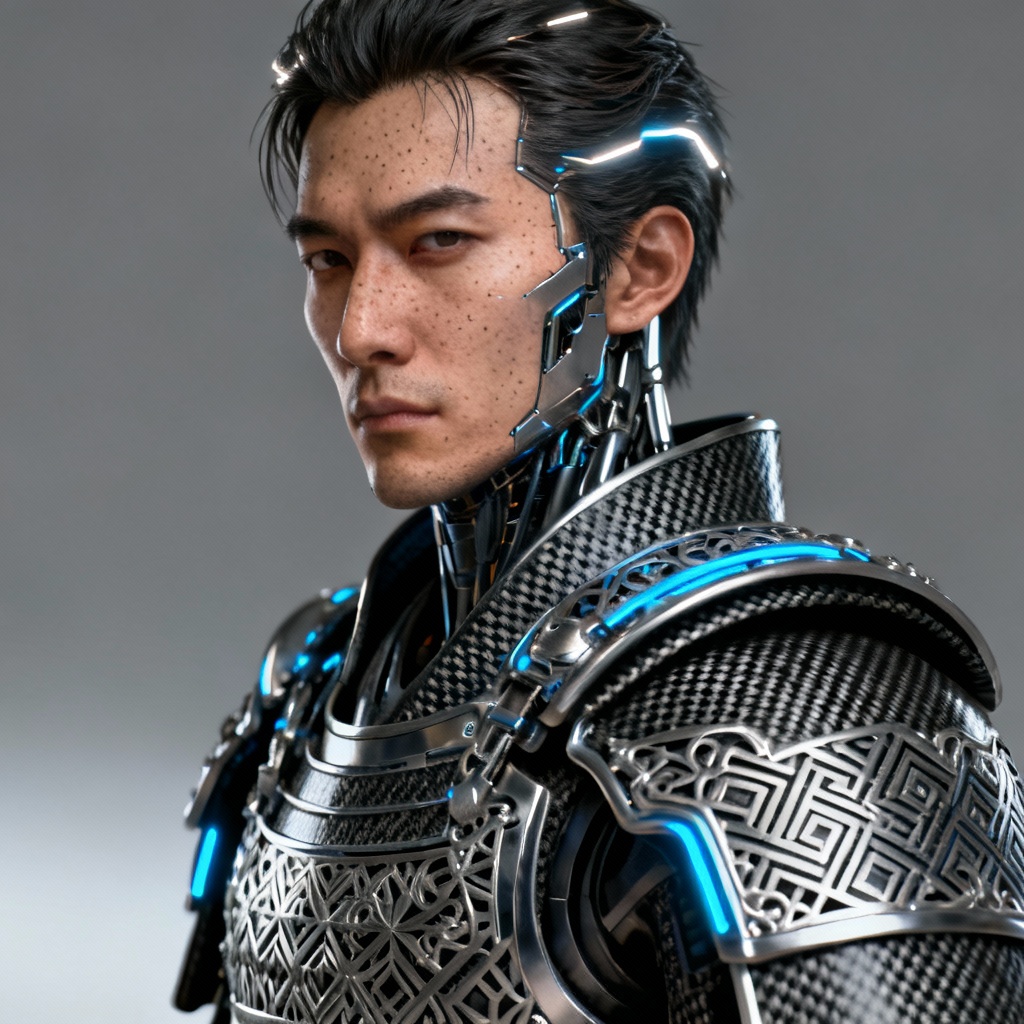 AI cyber samurai portrait with etched armor patterns