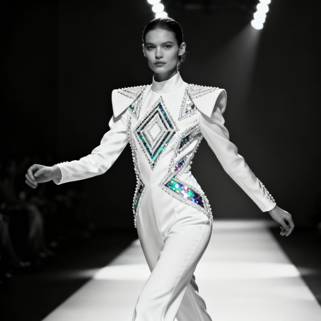 AI couture jumpsuit with geometric beadwork and sequins