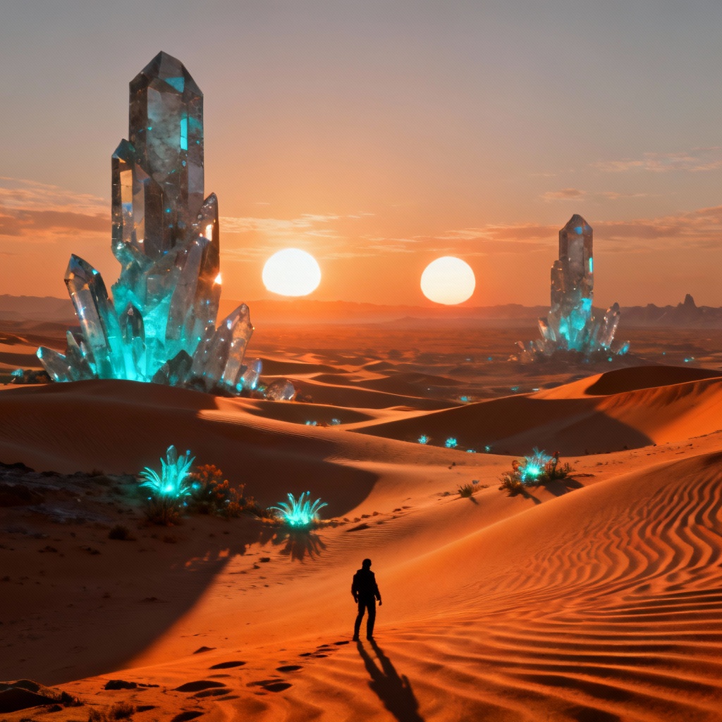AI sci fi alien landscape with crystal monoliths