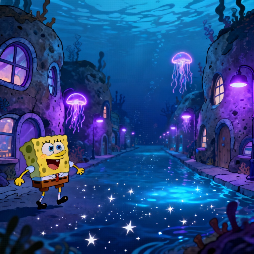 AI SpongeBob-style deep sea night city scene