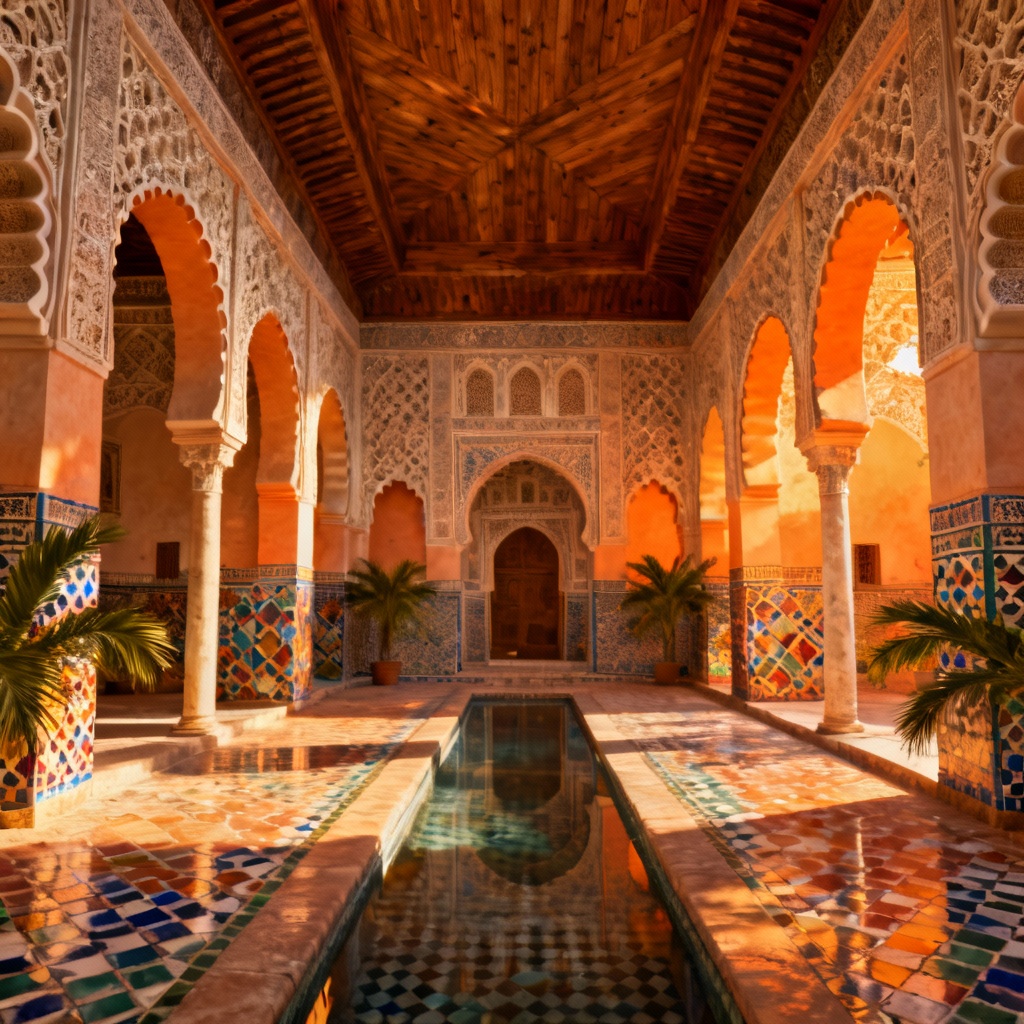 AI Moorish palace patio with horseshoe arches and geometric tiles