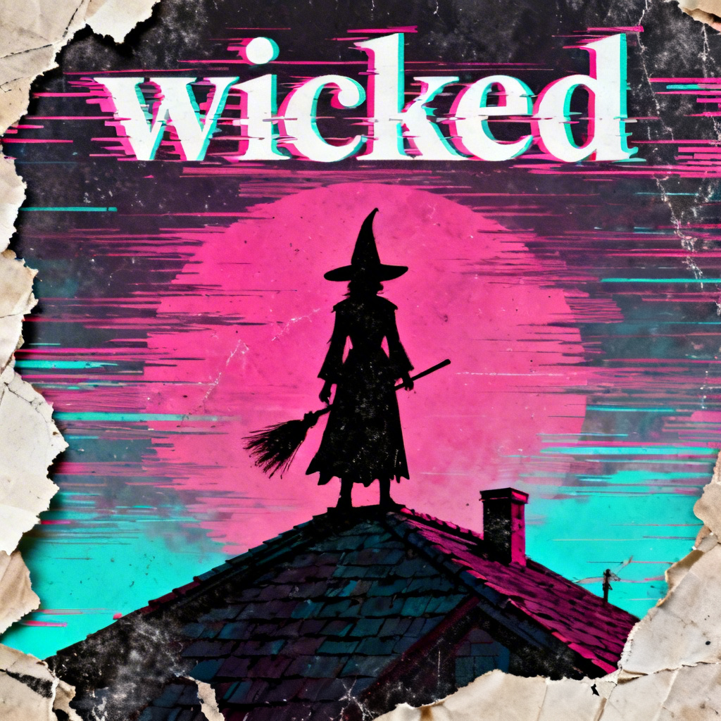 AI wicked poster in glitchcore style with witch silhouette and VHS noise