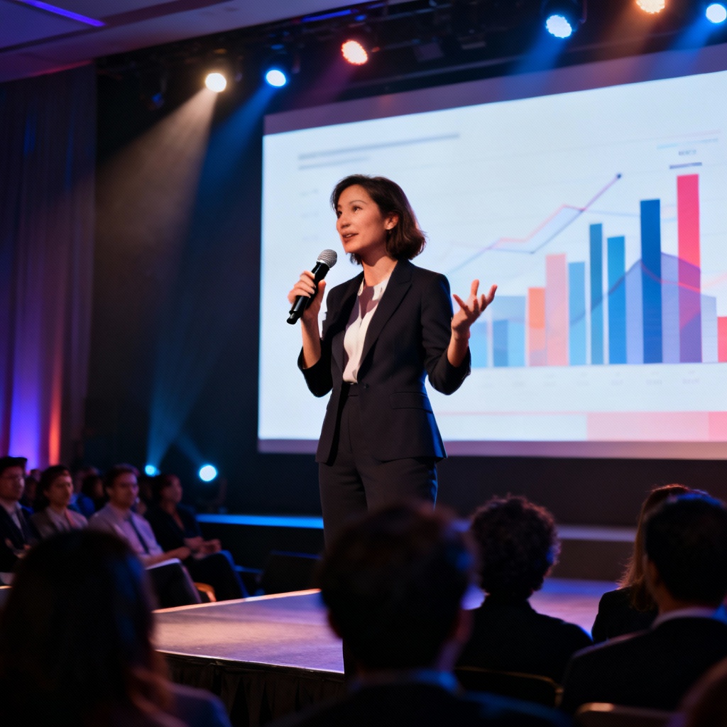 AI businesswoman keynote speaker on stage