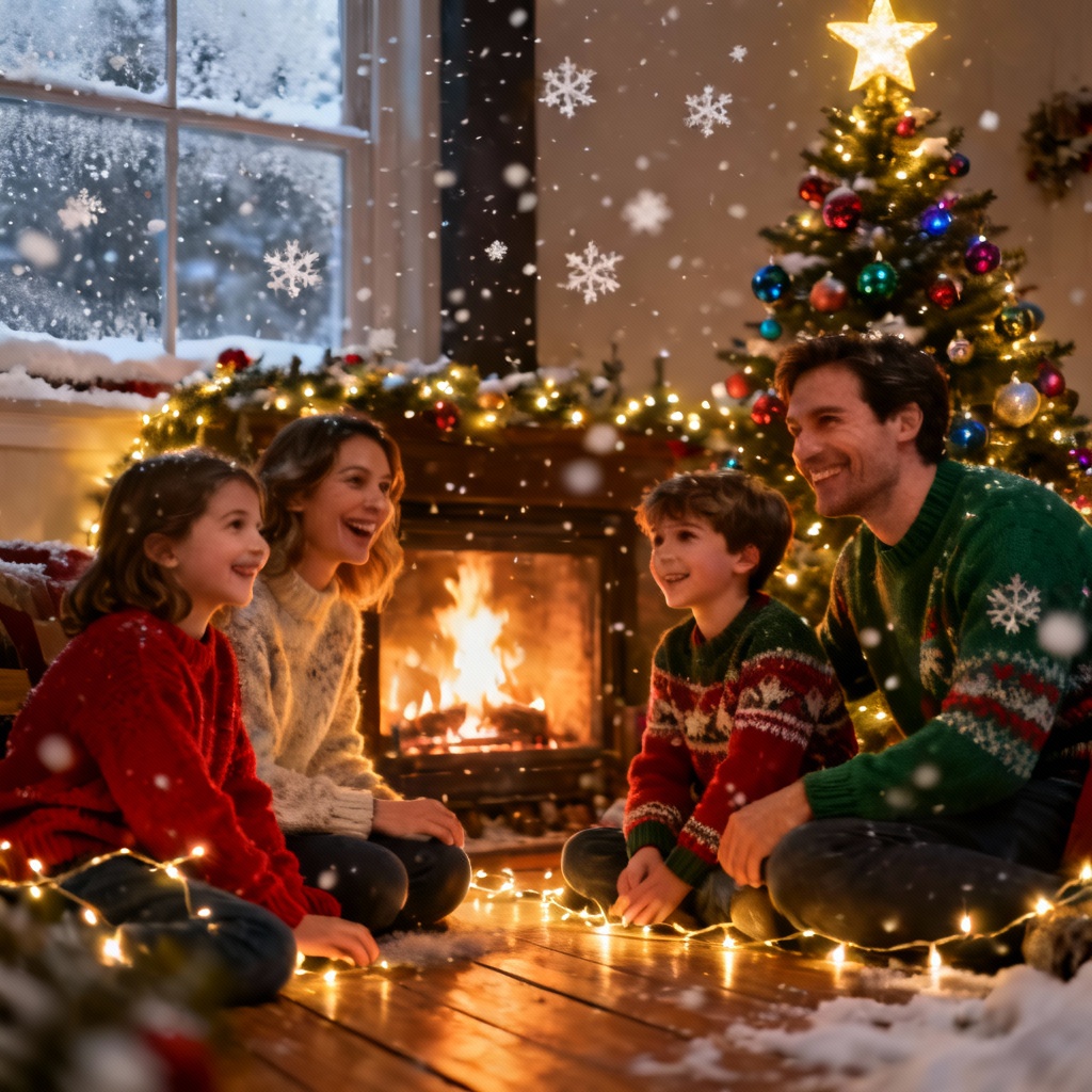 AI Christmas family photo by fireplace with decorated tree