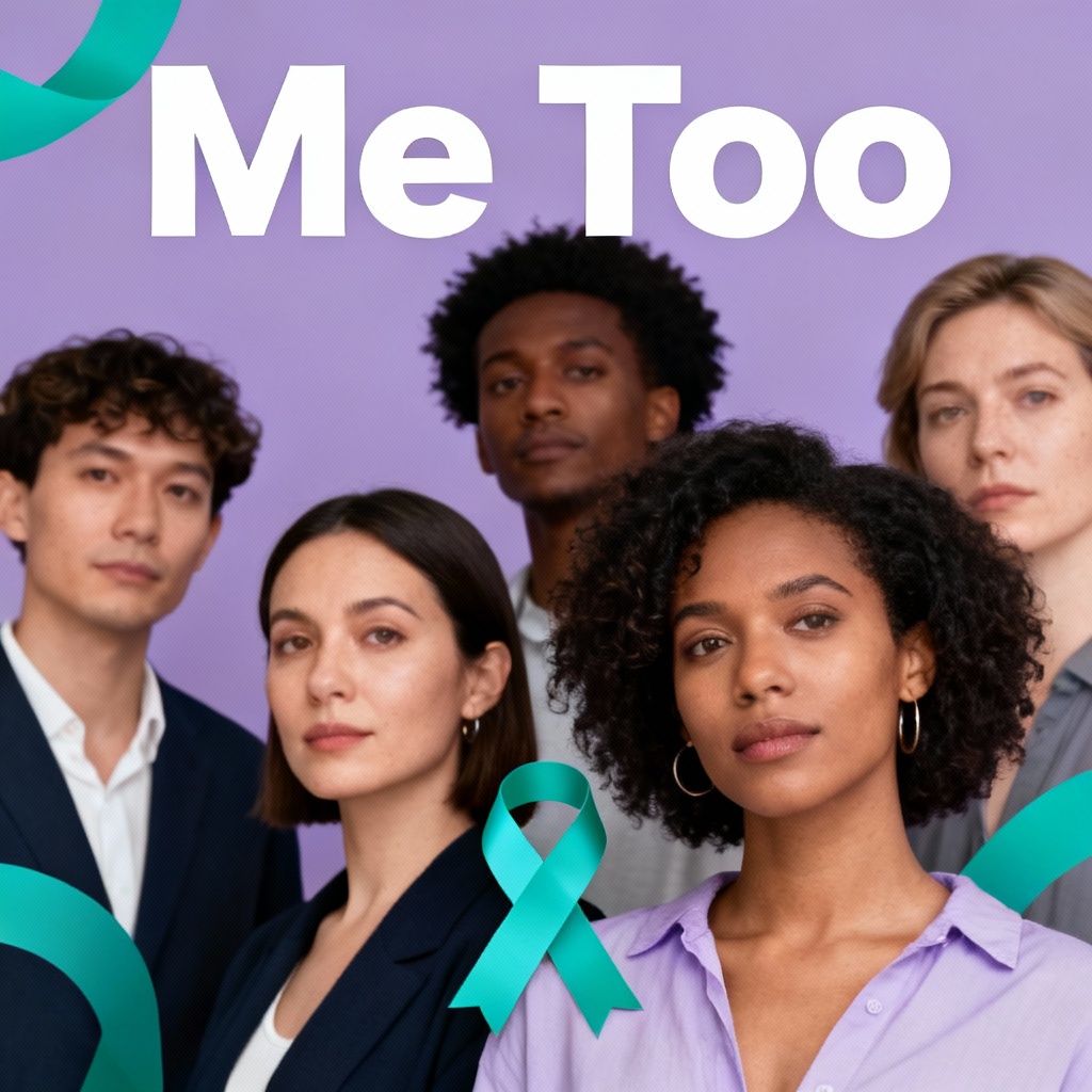 AI Me Too awareness poster featuring empowering portrait and ribbon symbol
