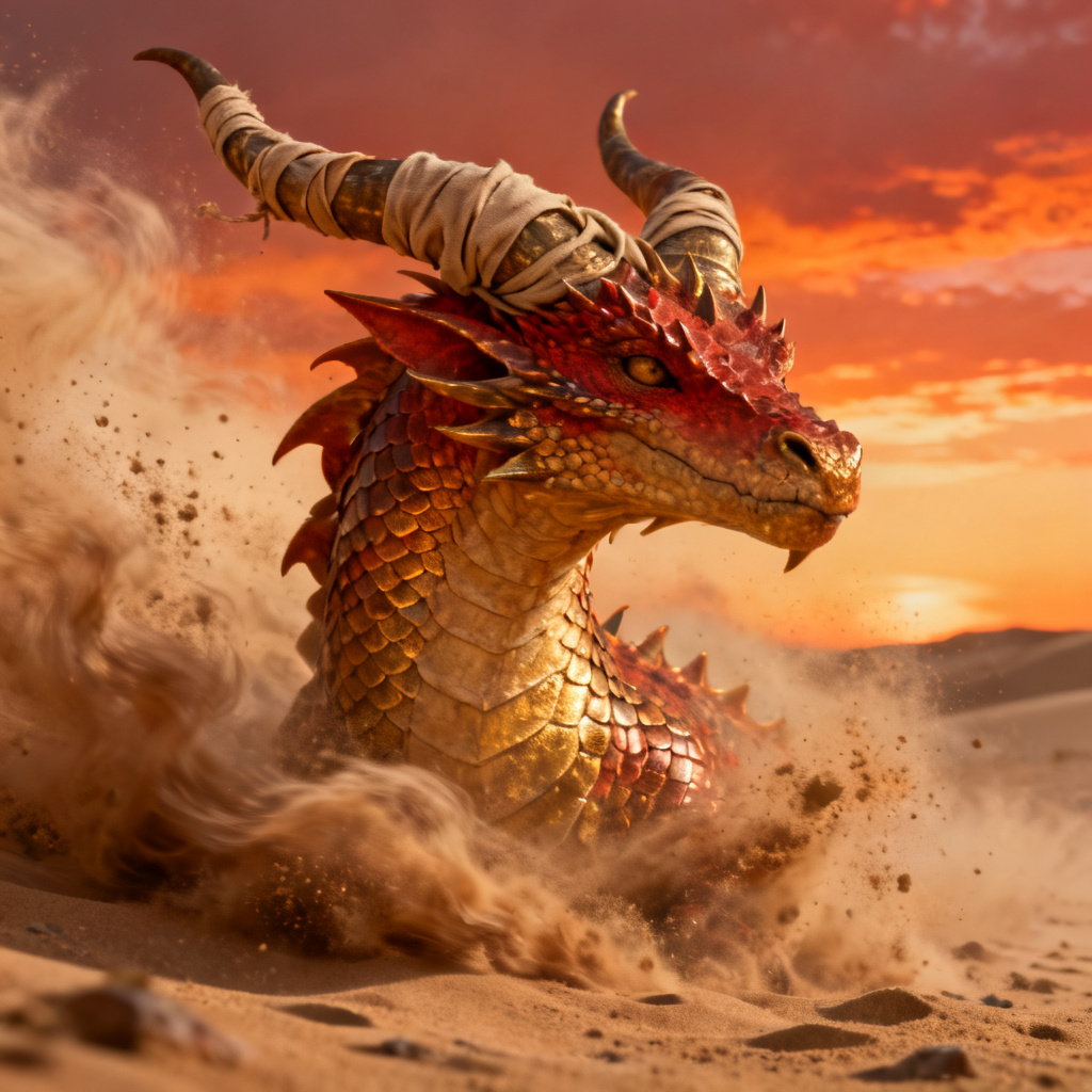 AI desert drake OC in swirling sandstorm