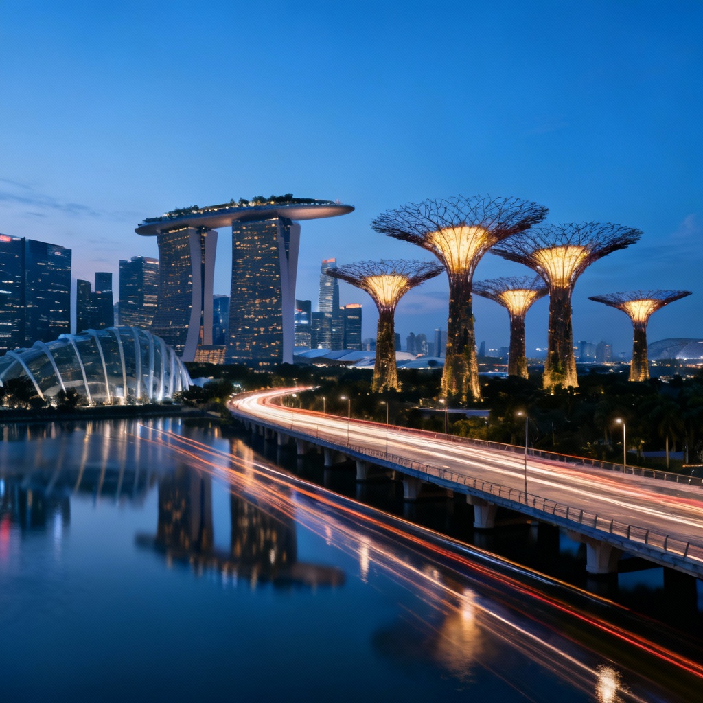 AI futuristic Southeast Asian bayfront skyline at dusk