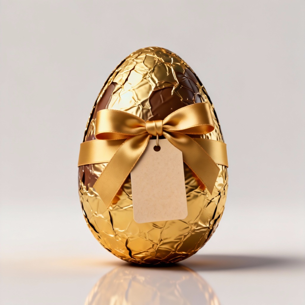 3D chocolate Easter egg mockup with gold foil