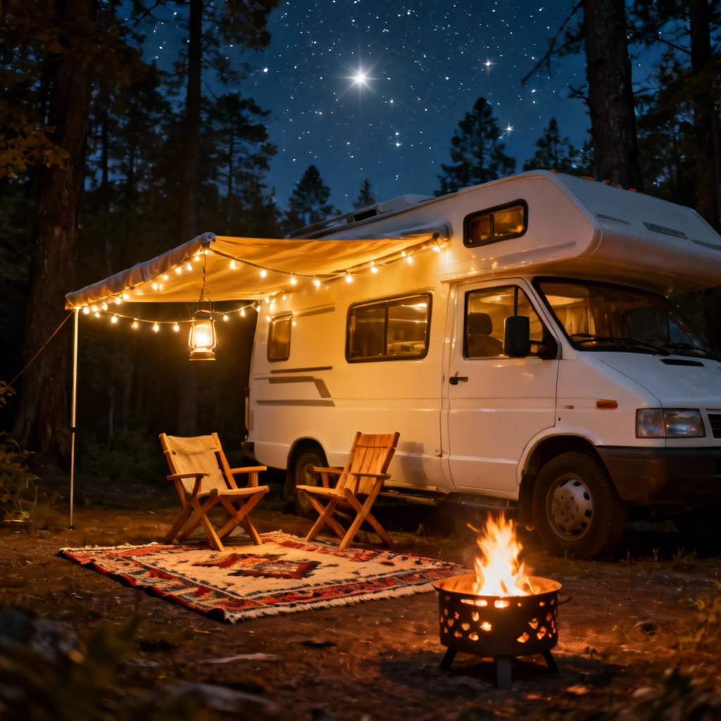 AI RV campsite with string lights and cozy outdoor setup