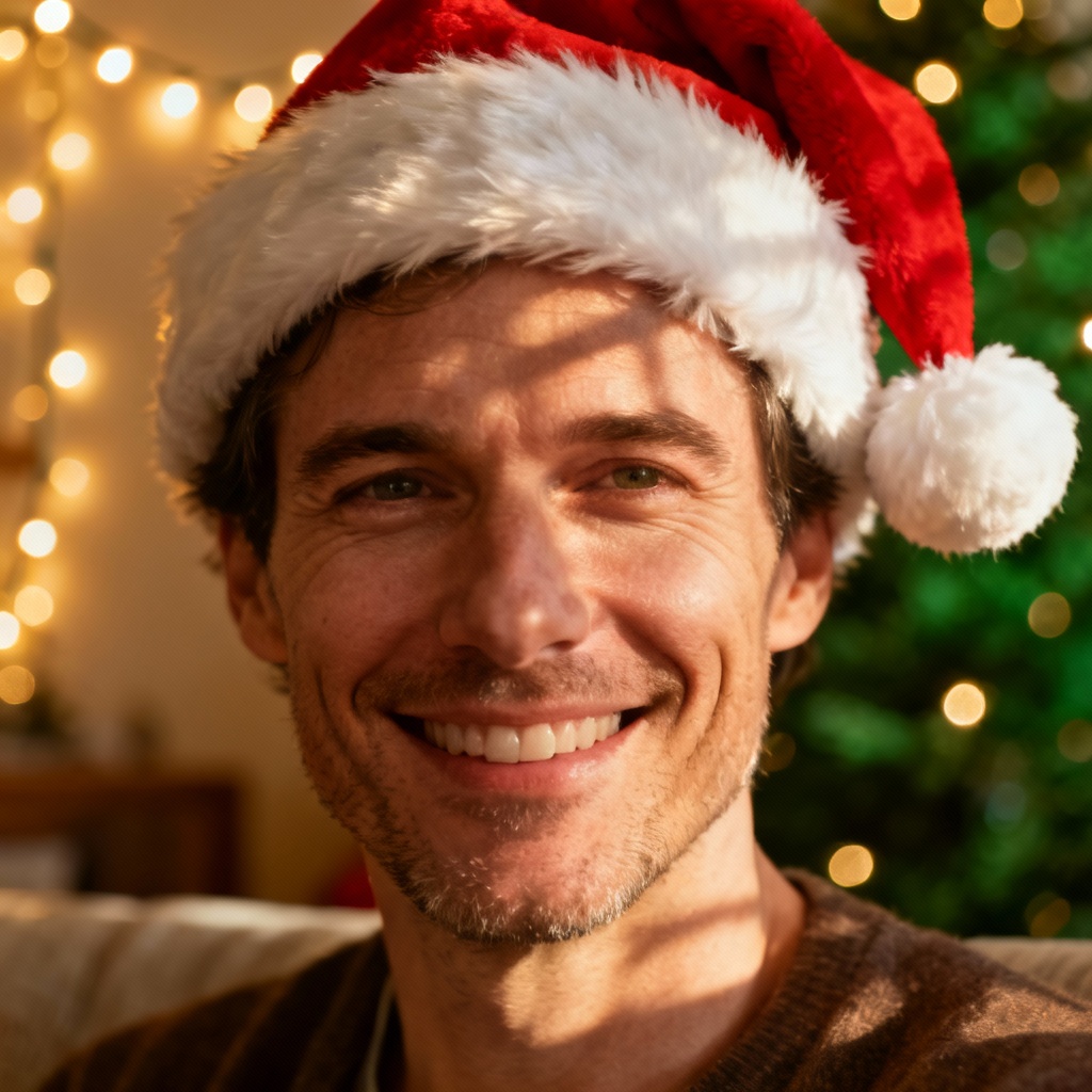 AI adds Christmas hat to a smiling person in a cozy living room