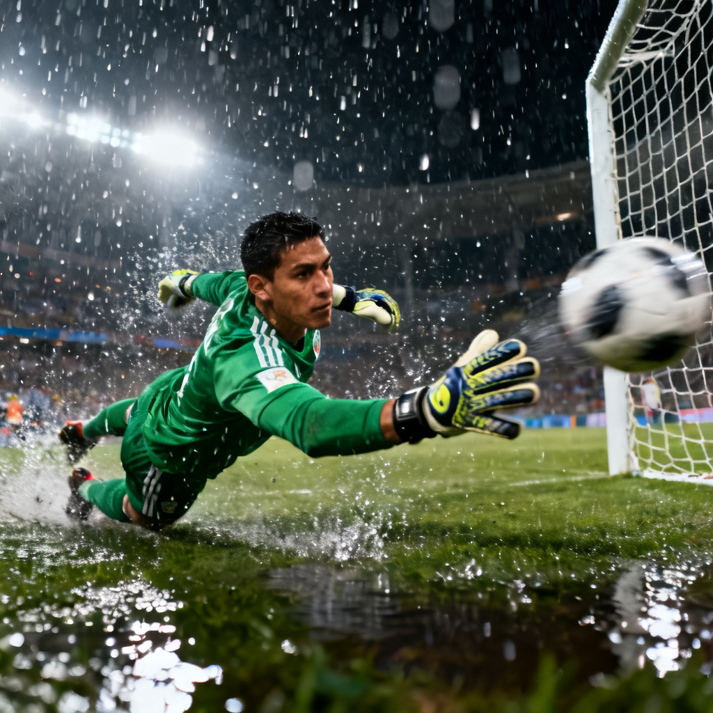 AI Mexico World Cup goalkeeper in the rain making a save