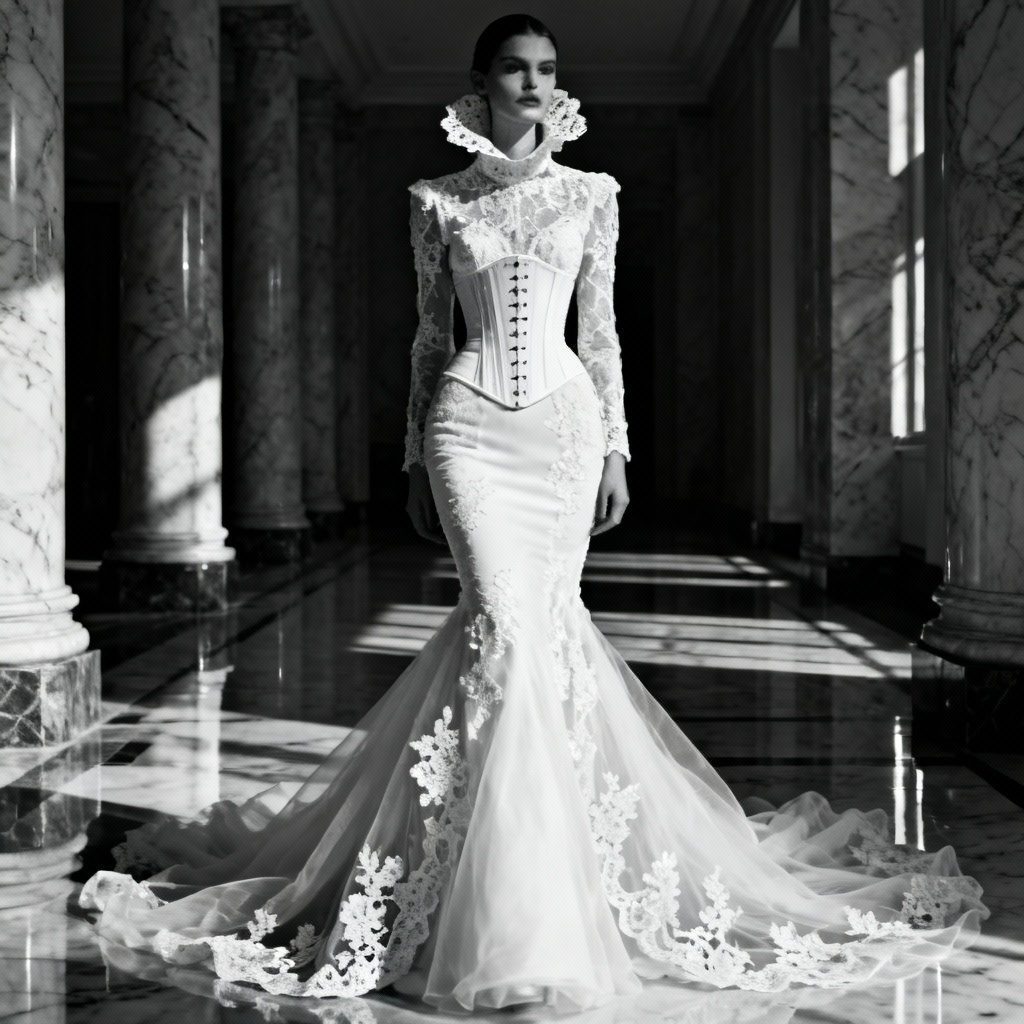 AI White Lace Mermaid Dress Gothic Editorial