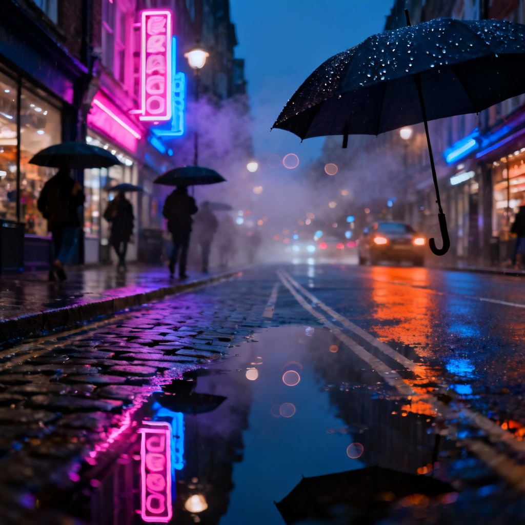 AI London neon rain scene in Soho