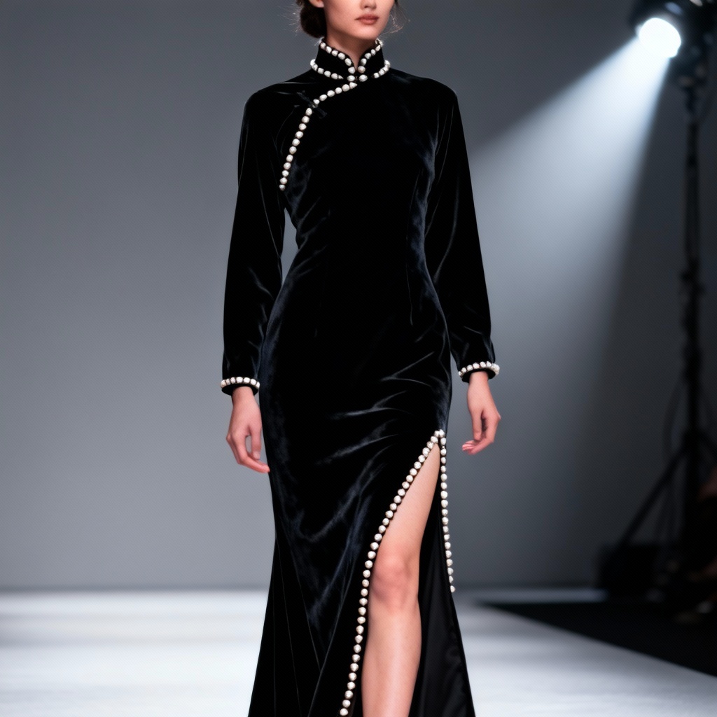 AI black velvet evening qipao mockup