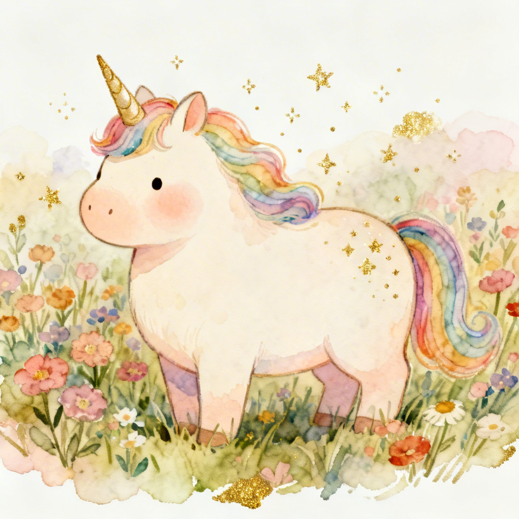 Watercolor plump unicorn in a meadow